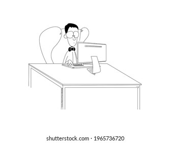 Funny cartoon man or nerd boy sit in chair at desk working on computer. Funny guy clerk or student with bow tie and glasses looks at monitor.Vector illustration like sketch in black and white