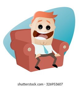 lustiger Cartoon Mann auf dem Sofa ist aufgeregt