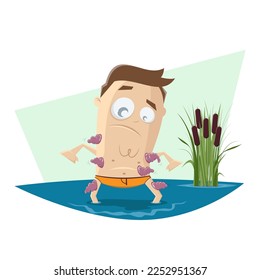 funny cartoon man in a pond full of leeches