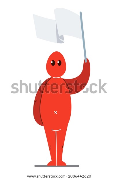 Funny cartoon man raising white flag for\
capitulation vector flat style illustration isolated on white, cute\
and positive small guy drawing or\
icon.