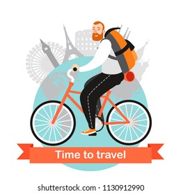 A funny cartoon man is riding a bicycle. Round-the-world cycle trip. Vector illustration on white background.