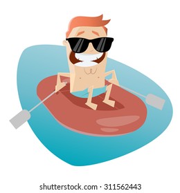 Funny Cartoon Man In A Rubber Boat