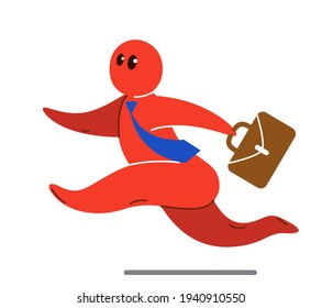 Funny cartoon man running with briefcase like a businessman in hurry and panic vector flat style illustration isolated on white, cute and positive small guy drawing or icon.