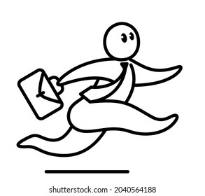 Funny cartoon man running with briefcase like a businessman in hurry and panic vector flat style illustration isolated on white, cute and positive small guy drawing or icon.