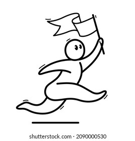 Funny cartoon man running with flag like a champion or career success vector flat style illustration isolated on white, cute and positive small guy drawing or icon.