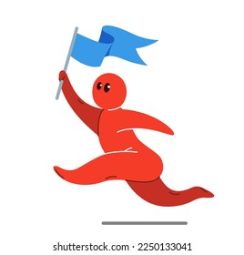 Funny cartoon man running with flag like a champion or career success vector flat style illustration isolated on white, cute and positive small guy drawing or icon.