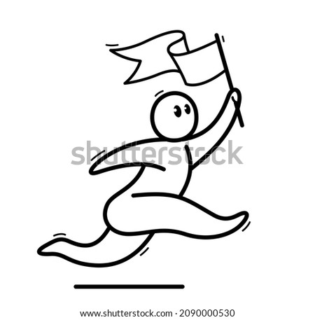 Funny cartoon man running with flag like a champion or career success vector flat style illustration isolated on white, cute and positive small guy drawing or icon.