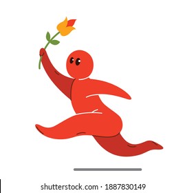 Funny cartoon man running with flower like romantic in love dating vector flat style illustration isolated on white, cute and positive small guy drawing or icon.