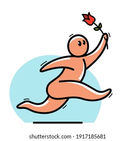 Funny cartoon man running with flower like romantic in love dating vector flat style illustration isolated on white, cute and positive small guy drawing or icon.