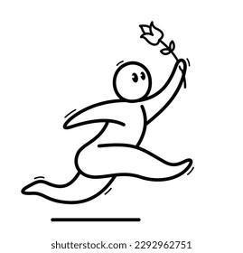 Funny cartoon man running with flower like romantic in love dating vector flat style illustration isolated on white, cute and positive small guy drawing or icon.