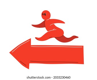 Funny cartoon man running on a arrow vector flat style illustration isolated on white, concept career success and big ambitions, panic urgency deadline.