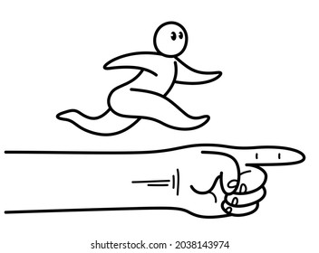 Funny cartoon man running on a pointing hand vector flat style illustration isolated on white, concept of boss director career success.