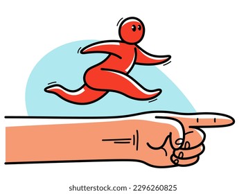 Funny cartoon man running on a pointing hand vector flat style illustration isolated on white, concept of boss director career success.