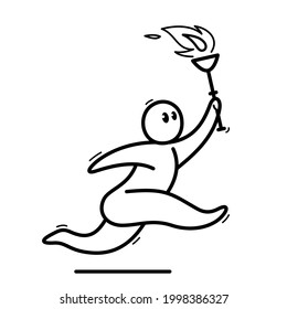 Funny cartoon man running with torch like a champ vector flat style illustration isolated on white, cute and positive small guy drawing or icon.