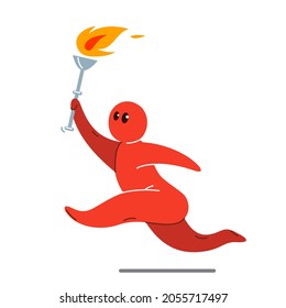 Funny cartoon man running with torch like a champ vector flat style illustration isolated on white, cute and positive small guy drawing or icon.