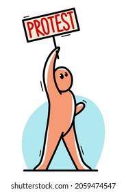 Funny cartoon man showing protest banner in raised hand vector flat style illustration isolated on white, social rage and political revolution concept.