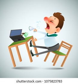  funny cartoon man is sick and sneezes in the workplace. Office furniture, laptop and mug with drink are scattered in different directions. Vector illustration