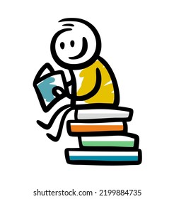 Funny cartoon man sitting on the books and reading. Vector doodle illustration in simple hand drawn style.