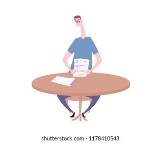 Funny cartoon man sitting at the table with an answer sheet in front of him. Colorful flat vector illustration. Isolated on white background.