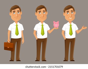 funny cartoon man in smart casual office clothes. Young businessman, life coach or manager, wearing a white shirt with short sleeves.