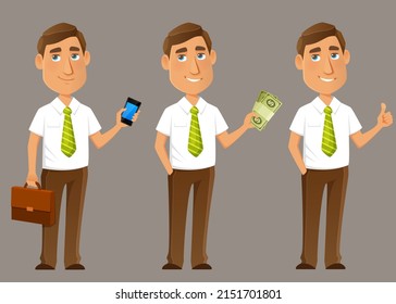 funny cartoon man in smart casual office clothes. Young businessman, assistant or manager, wearing a white shirt with short sleeves.