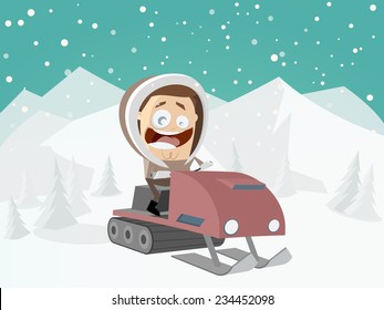 Funny Cartoon Man With Snowmobile And Winter Background