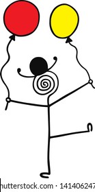 Funny cartoon man with a spiral instead of a head holding two balloons. Vector graphics art.