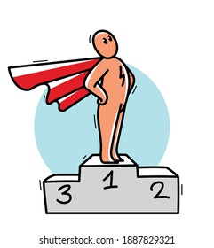 Hombre gracioso de dibujos animados de pie seguro en un pedestal con el abrigo como un vector superhéroe ilustración de estilo plano aislado, lindo y positivo dibujo o icono de tipo pequeño.