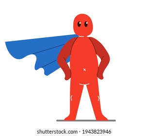 Funny cartoon man standing confident with coat like a superhero vector flat style illustration isolated on white, cute and positive small guy drawing or icon.