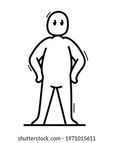 Funny cartoon man standing confident vector flat style illustration isolated on white, cute and positive small guy drawing or icon.