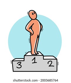 Funny cartoon man standing confident on a pedestal vector flat style illustration isolated on white, cute and positive small guy drawing or icon, champ or successful businessman concept.