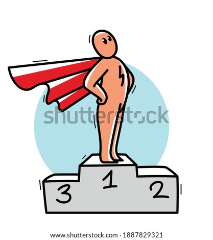 Funny cartoon man standing confident on a pedestal with coat like a superhero vector flat style illustration isolated, cute and positive small guy drawing or icon.