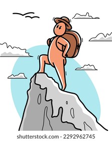 Hombre gracioso de dibujos animados en la cima de una montaña alta con mochila y orgullosa ilustración de estilo vectorial plano aislado en el concepto blanco y activo de senderismo y escalada.