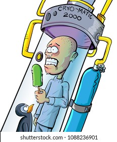 Funny Cartoon Man Stuck In Cryo Chamber