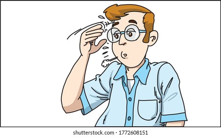 funny cartoon man is sweating