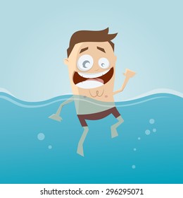 funny cartoon man is swimming