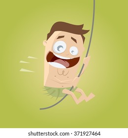 funny cartoon man swinging with a liana