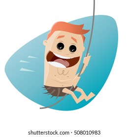 funny cartoon man swinging with a liana