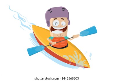 funny cartoon man using a kayak