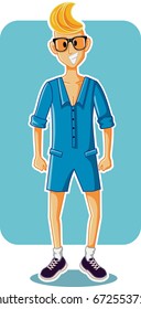 Funny Cartoon Man Wearing Male Romper - Vector fashion illustration of a hipster male character wearing an all jeans outfit