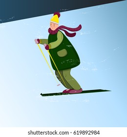 Funny cartoon man in winter clothes skiing down the hill. Vector illustration