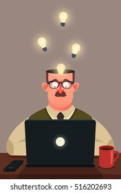 Funny Cartoon Man Working with Laptop. A Lot of Ideas Inside His Head. Vector Illustration