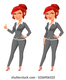 funny cartoon manager woman in grey suit. Beautiful redhead businesswoman giving thumbs up and smiling optimistically. Isolated on white. Vector eps file.