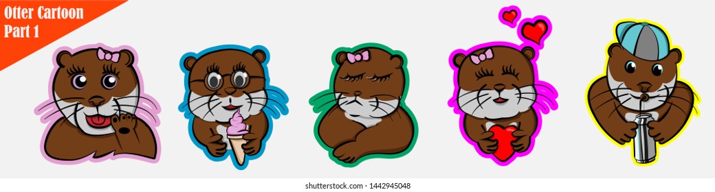 funny cartoon many expression animals otter pet cute set beaver bundle pattern, ice cream, fall in love, waving, cranky, sullen