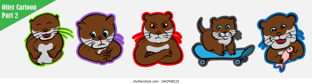 funny cartoon many expression animals otter pet cute set beaver bundle pattern, laugh, smile, angry, play skateboard, fell sorry, eat fish feeding