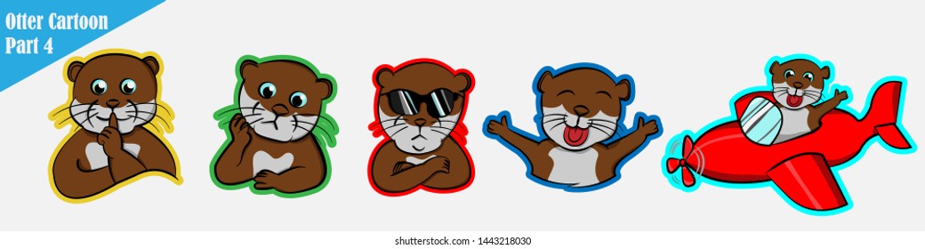 funny cartoon many expression animals otter pet cute set beaver bundle pattern, silent, shut up, confused, puzzled, cool  impressive, excited happy amused, boarding a plane red, pilot 