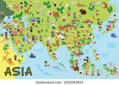 Gracioso mapa de dibujos animados de Asia con niños de diferentes nacionalidades, monumentos representativos, animales y objetos de todos los países. Ilustración vectorial para educación preescolar y diseño infantil.