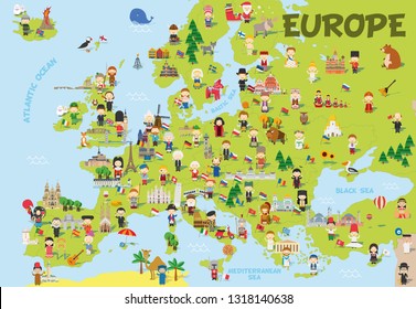 Gracioso mapa de Europa con niños de diferentes nacionalidades, monumentos representativos, animales y objetos de todos los países. Ilustración vectorial para la educación preescolar y el diseño infantil