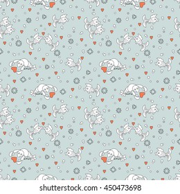 Funny Cartoon Marine Animals. Vector Sea Seamless Pattern with Fish and Crayfish.