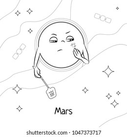 Funny cartoon Mars.  Black and white vector illustration for children's coloring book